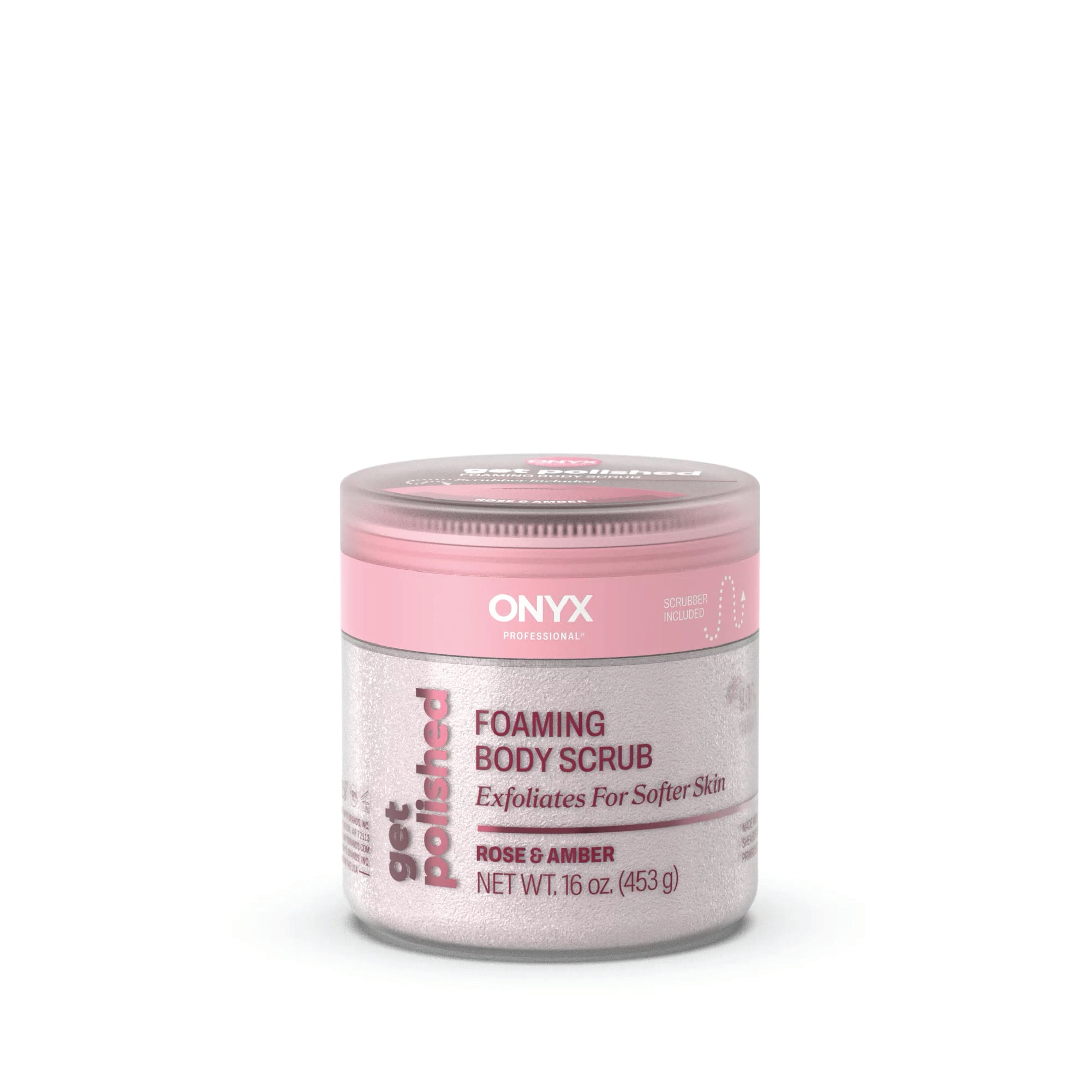 Onyx foaming body scrub jar with pink lid on a white background