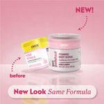 Old rose petals foaming sugar scrub next to new rose and amber foaming body scrub with labels “before,” “NEW!,” and “New Look Same Formula.”