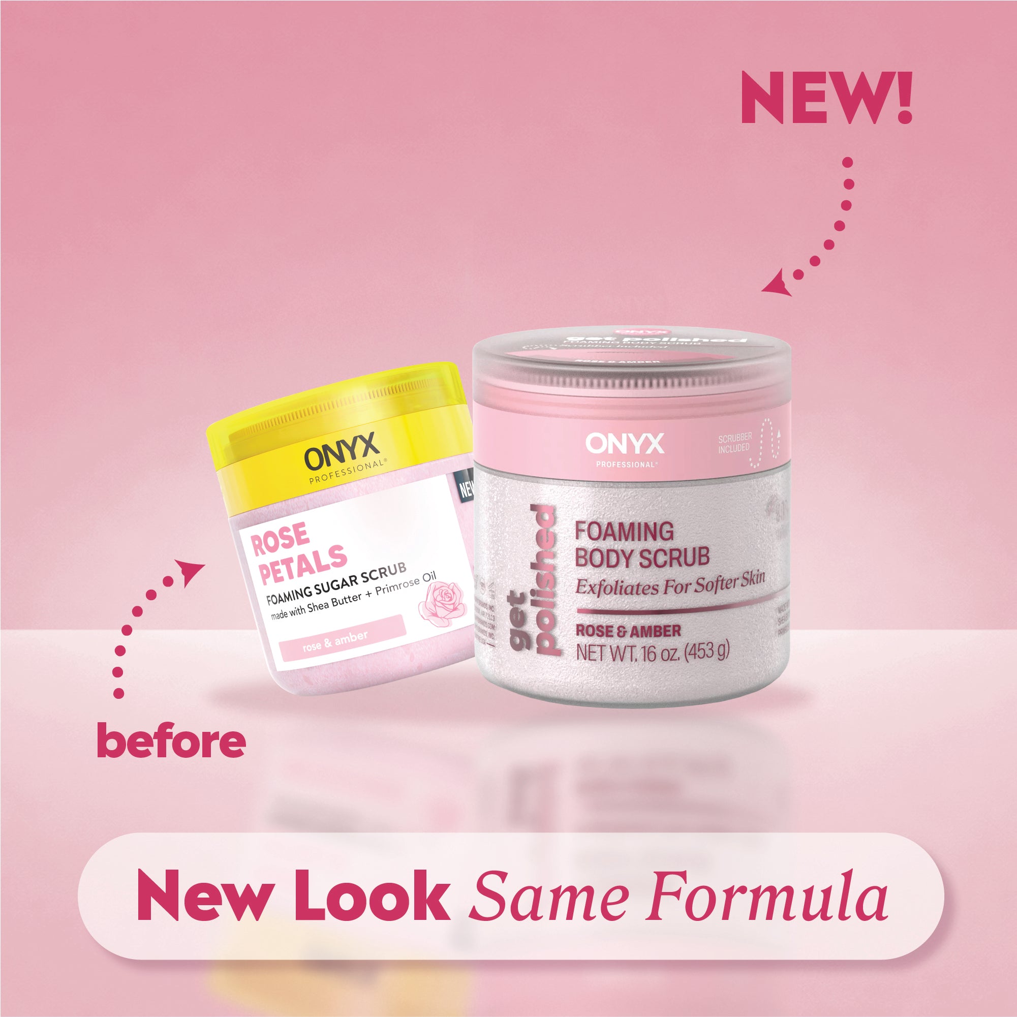 Old rose petals foaming sugar scrub next to new rose and amber foaming body scrub with labels “before,” “NEW!,” and “New Look Same Formula.”