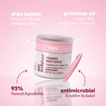 Ingredient callouts reading “shea butter — known to deeply moisturize skin,” “primrose oil — leaves skin feeling soft & smooth,” “93% natural ingredients,” and “antimicrobial scrubber included.”