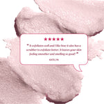 Review text reading “It exfoliates well and I like how it also has a scrubber to exfoliate better. It leaves your skin feeling smoother and smelling so good!” credited to Katelyn.