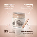 Ingredient callouts reading “shea butter — known to deeply moisturize skin,” “blue tanz​y — known to rejuvenate dull skin,” “93% natural ingredients,” and “antimicrobial scrubber included.”