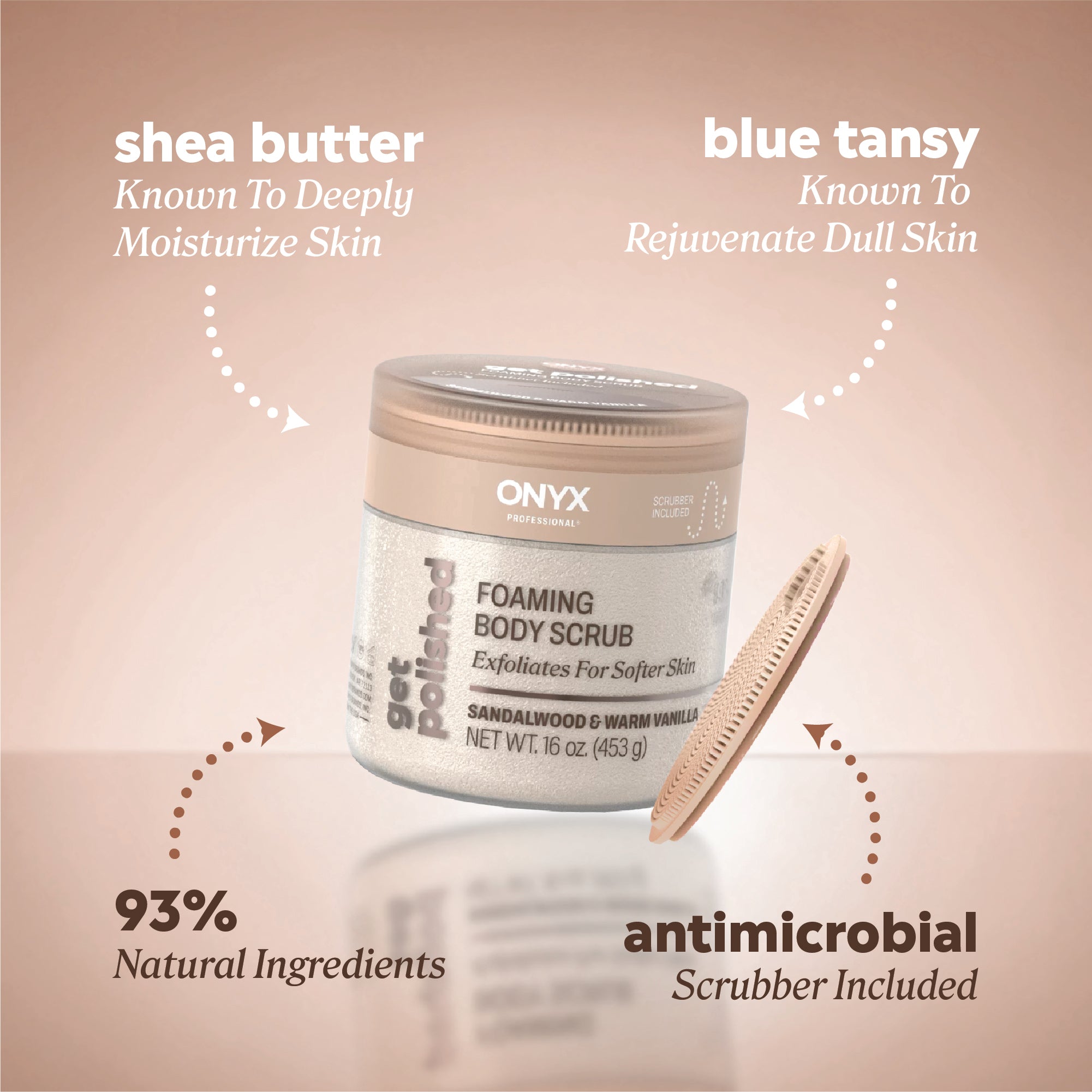 Ingredient callouts reading “shea butter — known to deeply moisturize skin,” “blue tanz​y — known to rejuvenate dull skin,” “93% natural ingredients,” and “antimicrobial scrubber included.”