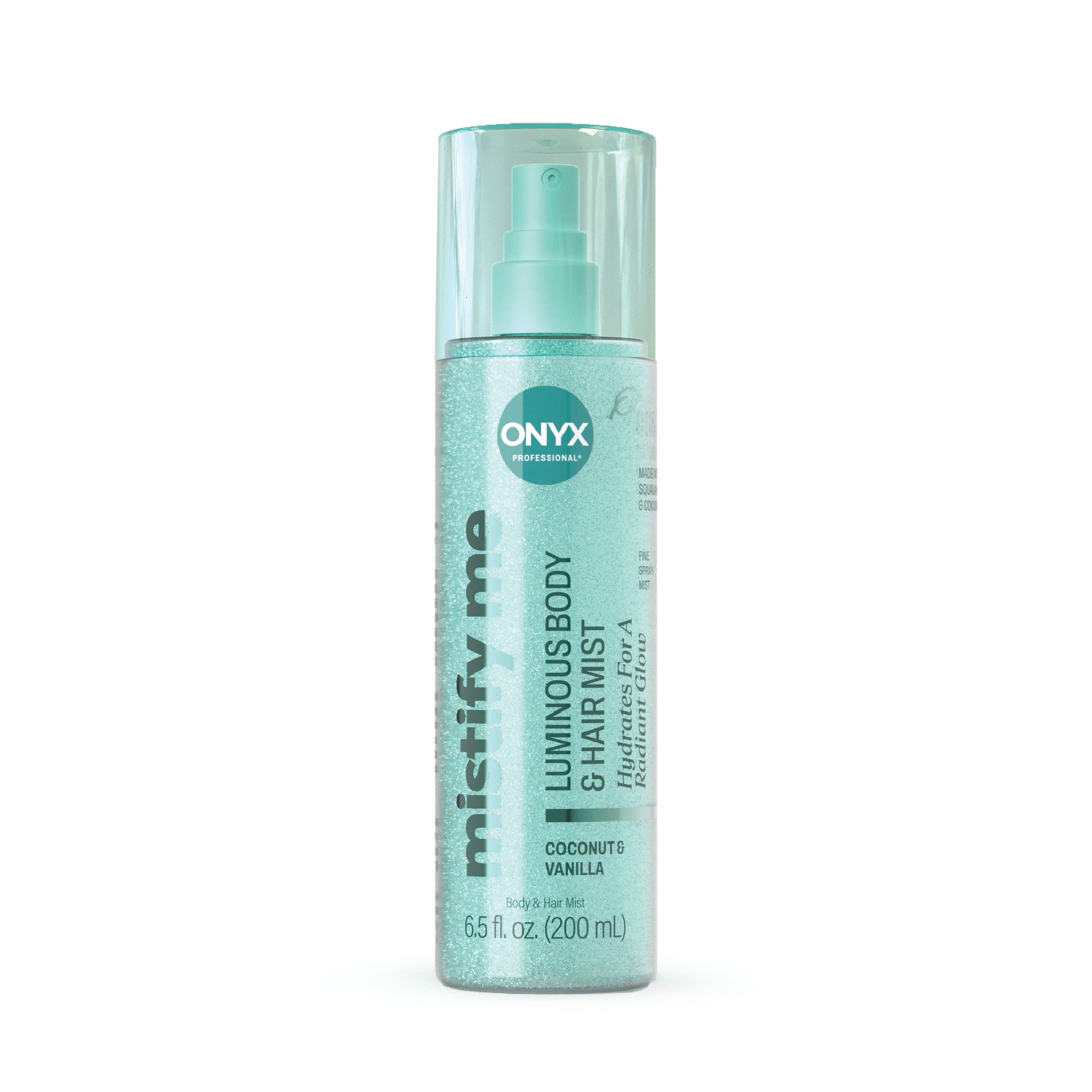 Green bottle of ONYX Luminous Body & Hair Mist on a white background