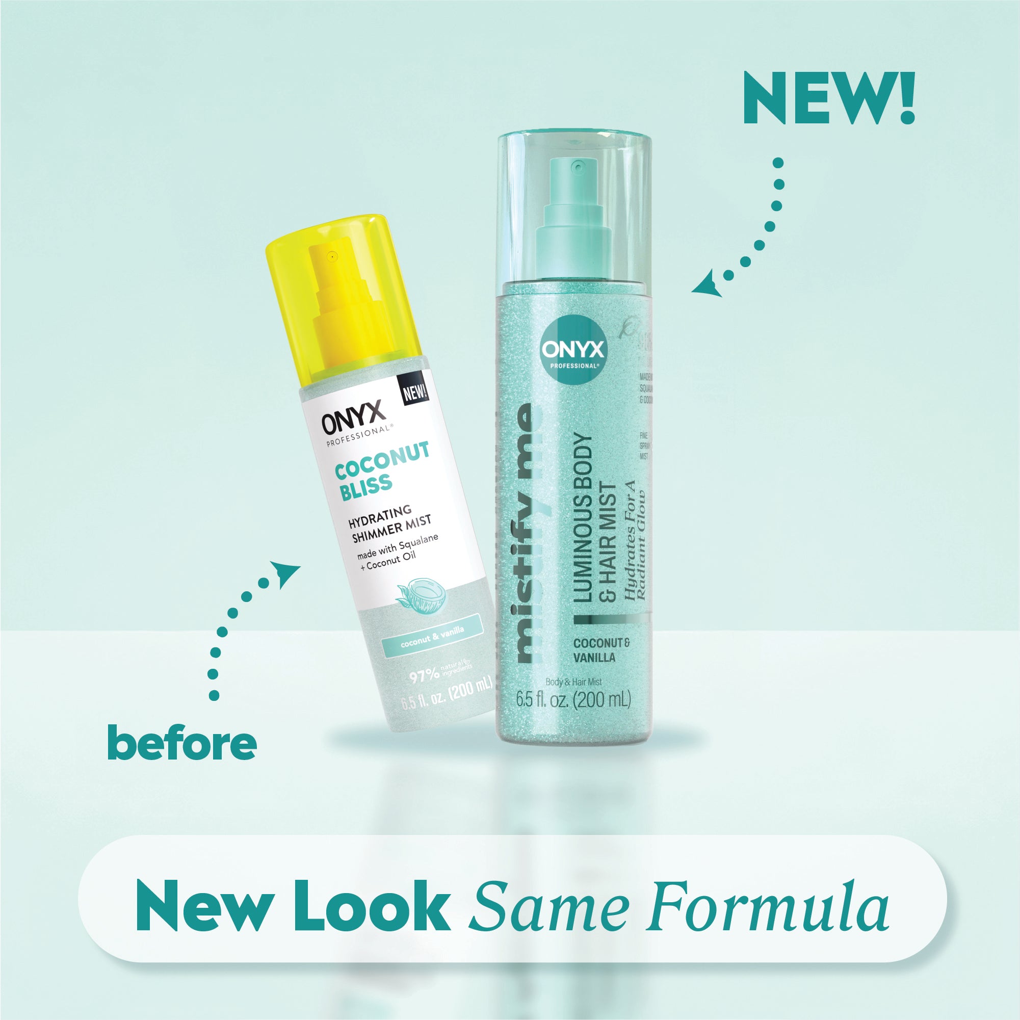 Old Coconut Bliss shimmering mist next to new Mistify Me luminous body and hair mist with labels “before,” “NEW!,” and “New Look Same Formula.”