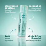 Ingredient callouts reading “plant‑based squalene — known to boost moisture,” “coconut oil — moisturizes & hydrates dry skin,” “96% natural ingredients,” and “alcohol‑free fine mist — non‑drying fine mist.”