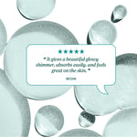 Review text reading “It gives a beautiful glowy shimmer, absorbs easily, and feels great on the skin.” credited to Megan.