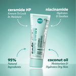 Ingredient callouts reading “ceramide NP — known to lock in moisture,” “niacinamide — hydrates & soothes,” “95% natural ingredients,” and “coconut oil — moisturizes & hydrates dry skin.”