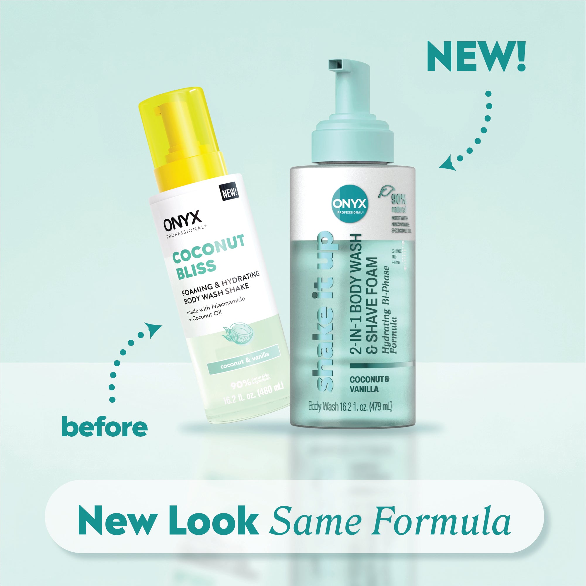 Old Coconut Bliss body wash next to new Shake It Up 2‑in‑1 body wash with labels “before,” “NEW!,” and “New Look Same Formula.”