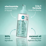 Ingredient callouts reading “niacinamide — known to soothe & nourish,” “2‑in‑1 formula — great for shaving,” “90% natural ingredients,” and “coconut oil — moisturizes & hydrates dry skin.”