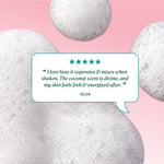 Review text reading “I love how it separates & mixes when shaken. The coconut scent is divine, and my skin feels fresh & energized after.” credited to Helen.