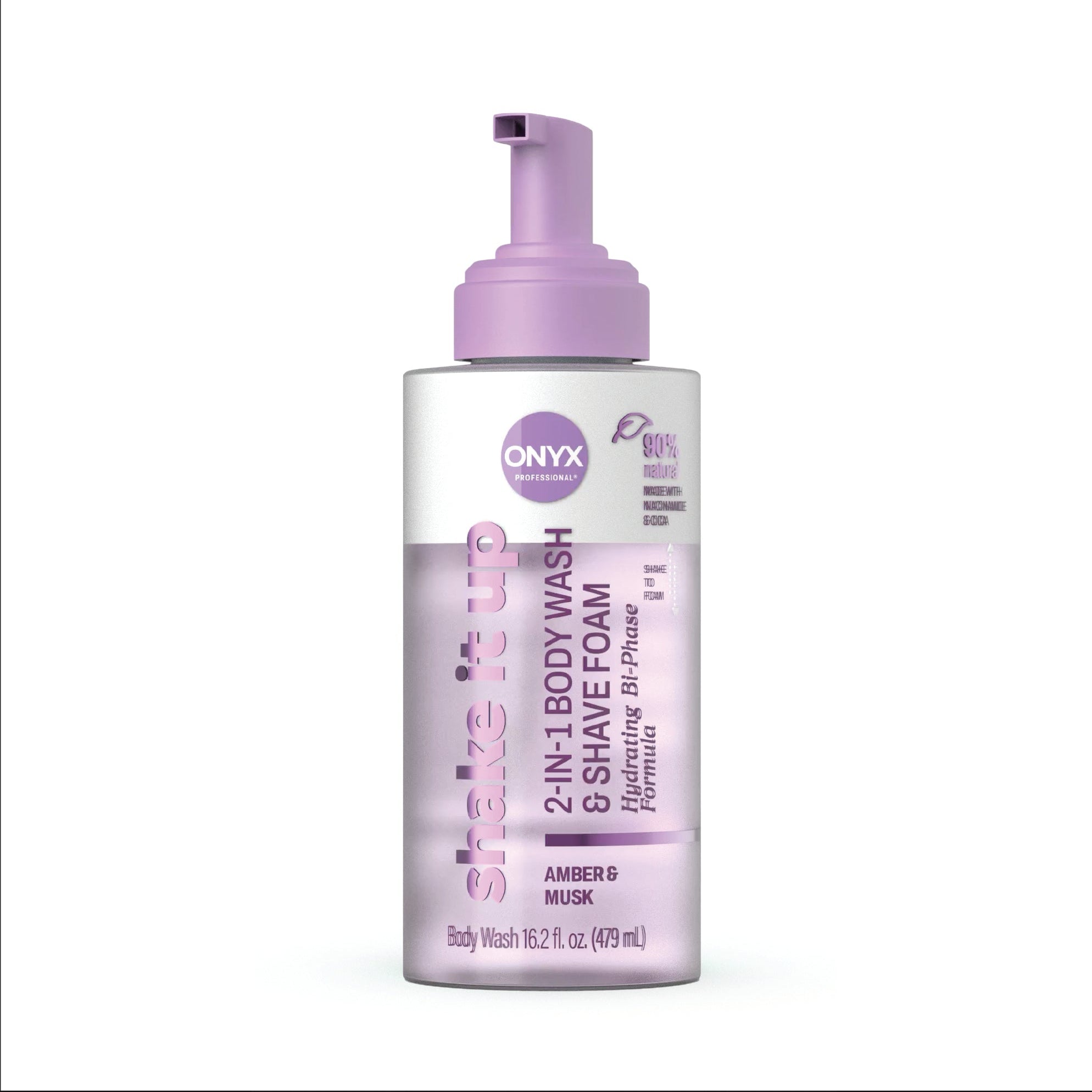 Onyx 2-in-1 body wash and shave foam bottle with purple pump on a white background