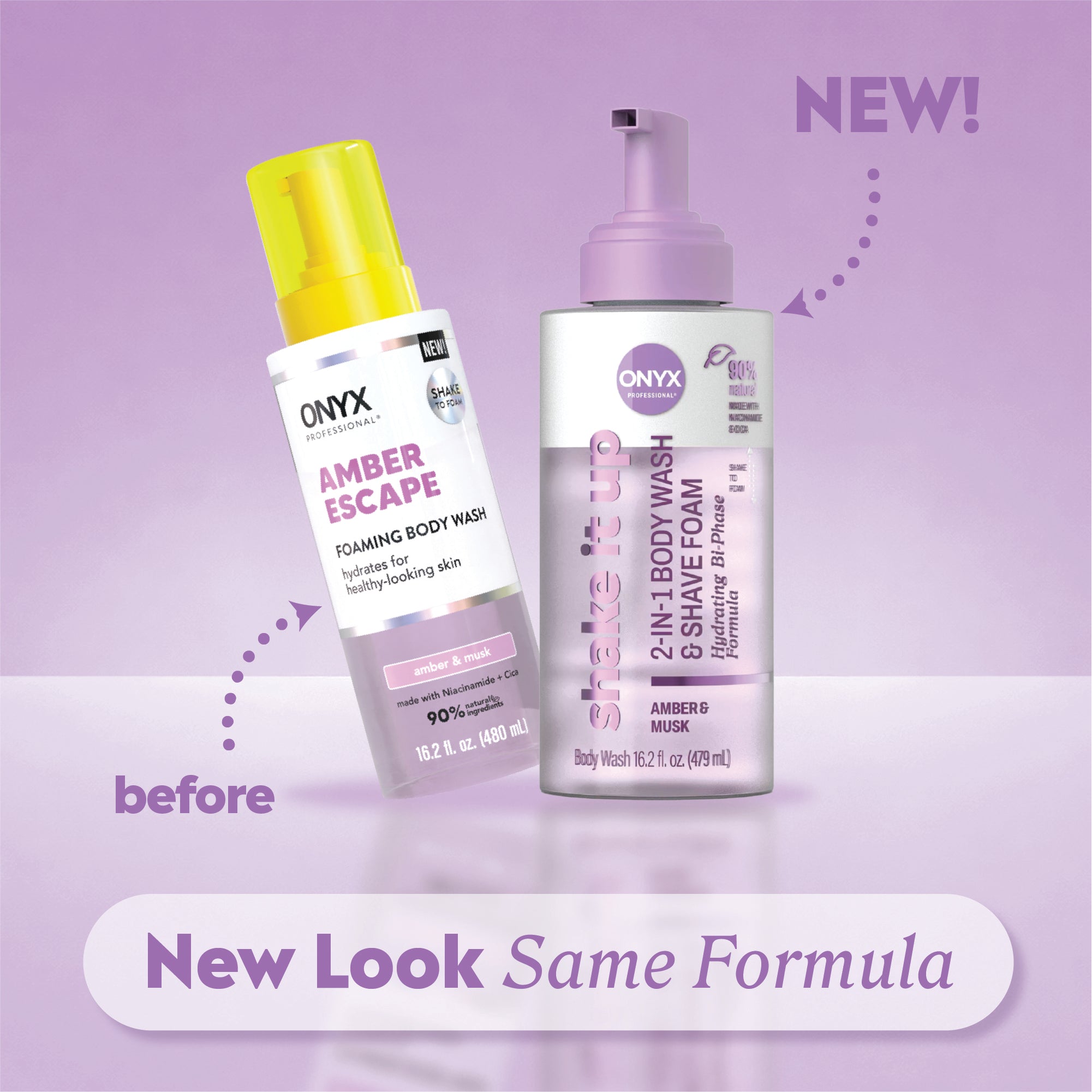 Old and new ONYX body wash bottles with labels reading “before,” “NEW!,” and “New Look Same Formula.”