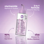 Shake It Up body wash and shave foam bottle with callouts reading “niacinamide — hydrates & soothes,” “2‑in‑1 formula — great for shaving,” “90% natural ingredients,” and “cica — known to reduce redness.”