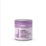 Onyx Foaming Body Scrub jar with purple lid and label on a white background