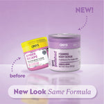 Old and new foaming body scrub jars with labels “before,” “NEW!,” and “New Look Same Formula.”