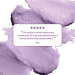 Review text reading “The amazing scent lasts without being overpowering. The scrub and included brush leave skin soft, smooth, and perfectly exfoliated.” credited to Meg.