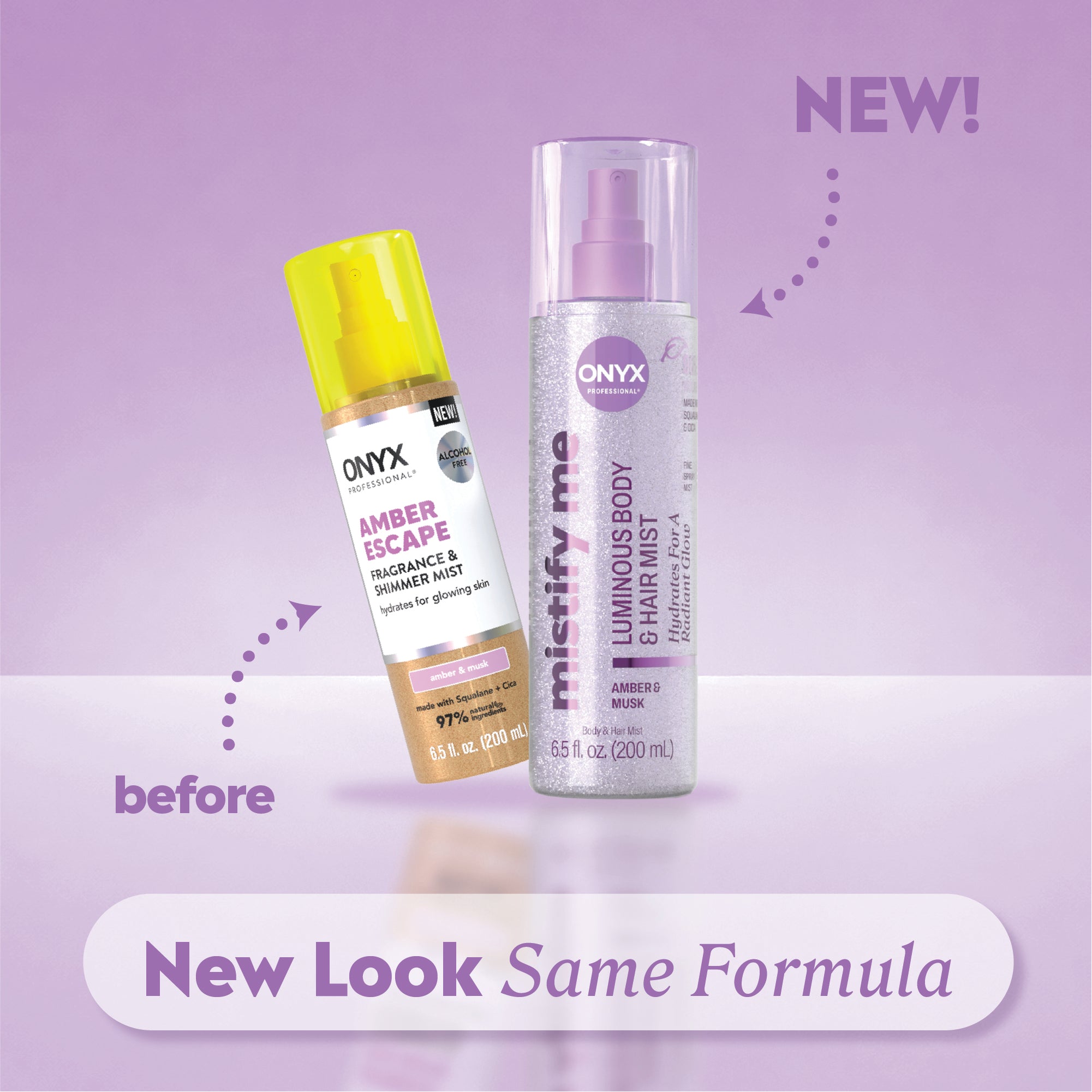 Old and new fragrance mist bottles with labels reading “before,” “NEW!,” and “New Look Same Formula.”