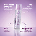 Mistify Me body and hair mist bottle with callouts reading “plant‑based squalane — known to boost moisture,” “cica — known to reduce redness,” “96% natural ingredients,” and “alcohol‑free fine mist.”