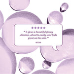 Review text reading “It gives a beautiful glowy shimmer, absorbs easily, and feels great on the skin.” credited to Megan.