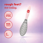 Foot polisher with header reading “rough feet? not today.” and icons reading “stainless steel,” “dual sided,” and “use wet or dry.”