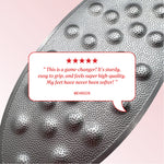 Close-up of textured polisher surface with review text reading “This is a game-changer! It’s sturdy, easy to grip, and feels super high-quality. My feet have never been softer!” credited to Mehreen.