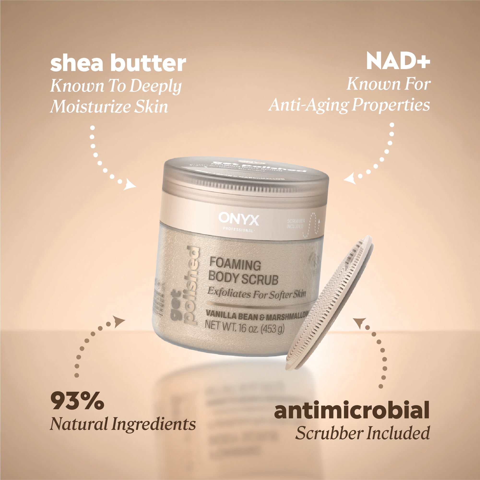 Ingredient callouts reading “shea butter — known to deeply moisturize skin,” “NAD+ — known for anti‑aging properties,” “93% natural ingredients,” and “antimicrobial scrubber included.”