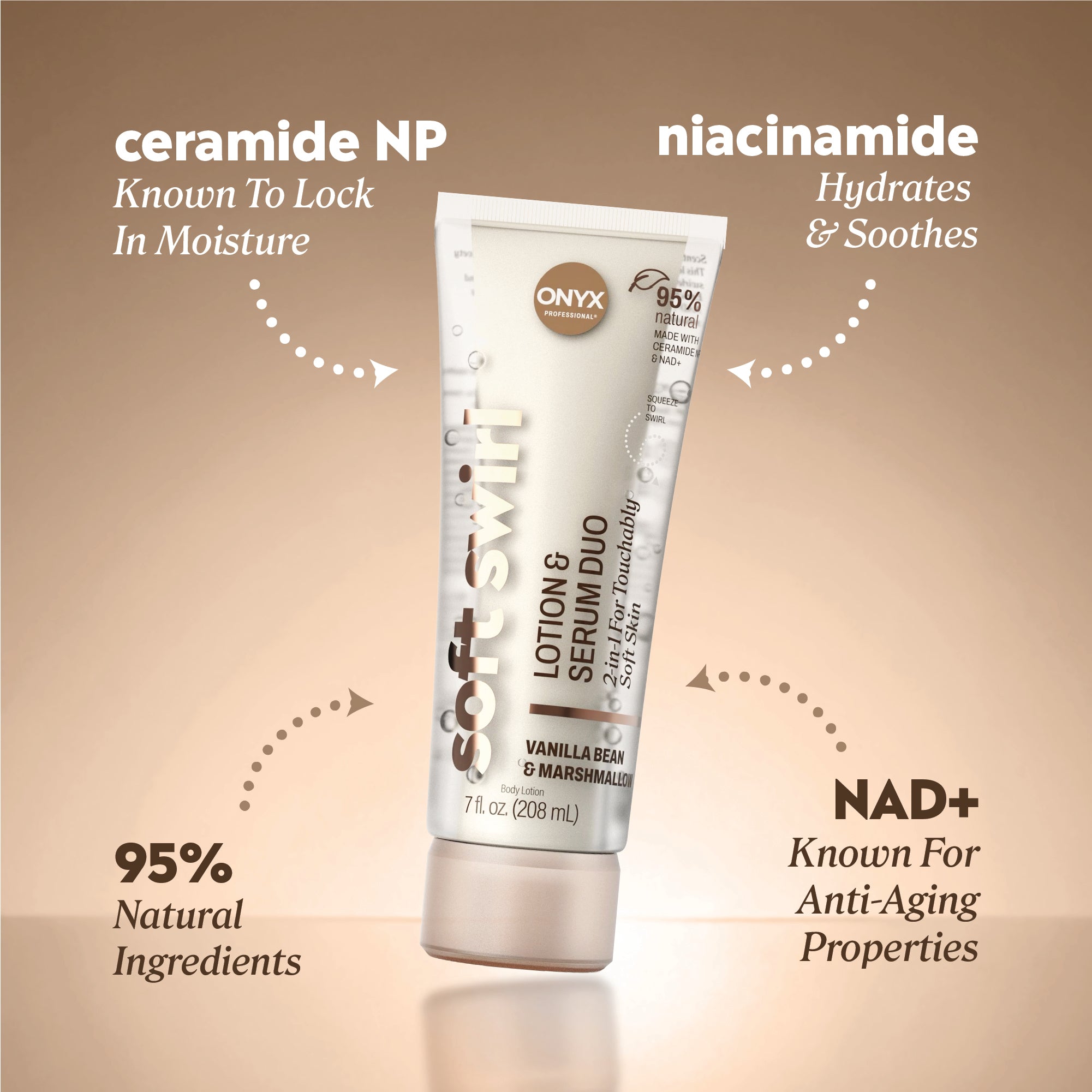 Tube of Soft Skin Lotion & Serum Duo on a beige background with icons highlighting ceramide NP, niacinamide, and NAD+. Text reads ‘95% natural origin’ and ‘moisturizes, firms, repairs.’