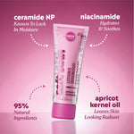 Ingredient callouts reading “ceramide NP — known to lock in moisture,” “niacinamide — hydrates & soothes,” “apricot kernel oil — leaves skin looking radiant,” and “95% natural ingredients.”