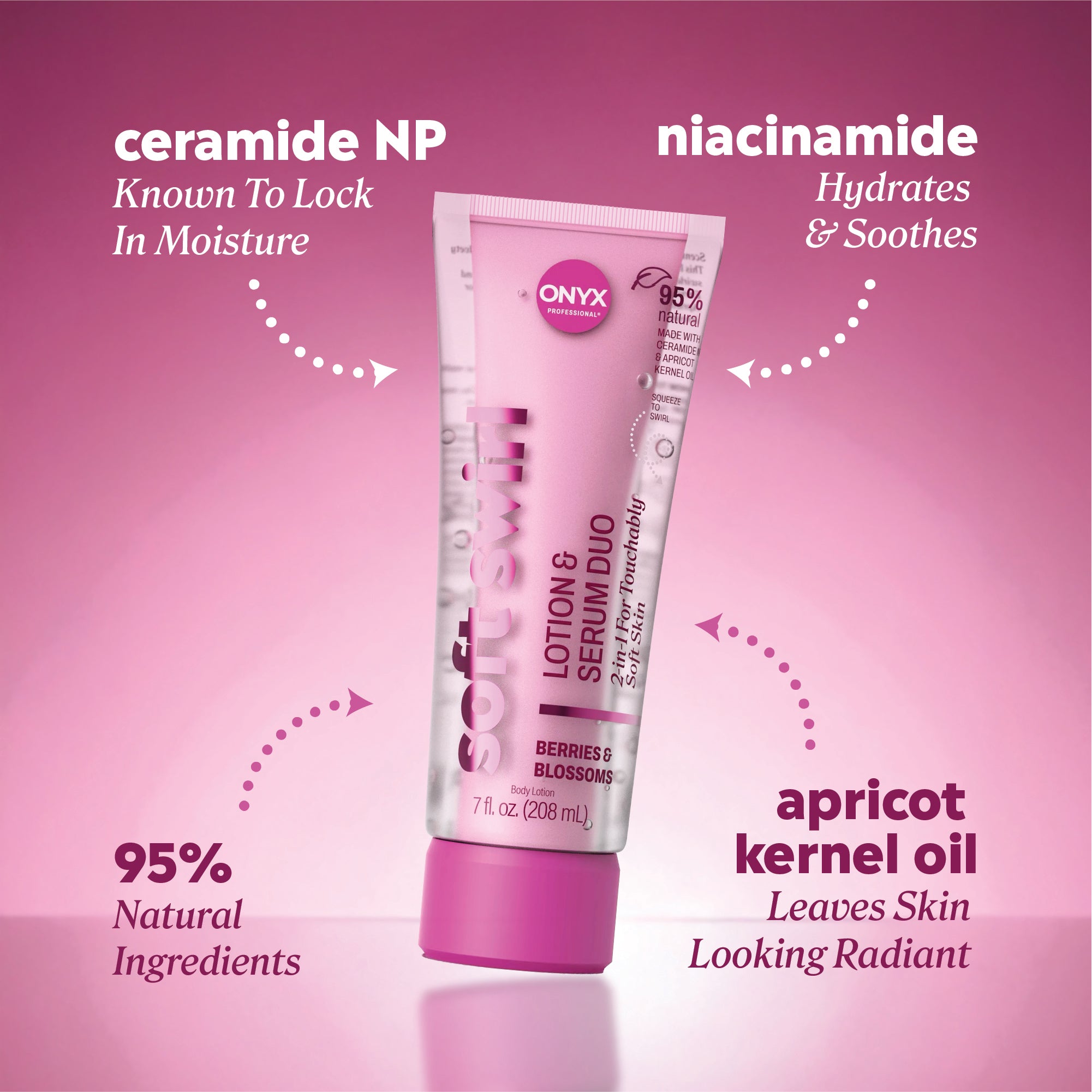 Ingredient callouts reading “ceramide NP — known to lock in moisture,” “niacinamide — hydrates & soothes,” “apricot kernel oil — leaves skin looking radiant,” and “95% natural ingredients.”