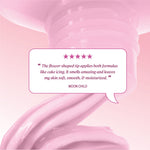 Review text reading “The flower‑shaped tip applies both formulas like cake icing. It smells amazing and leaves my skin soft, smooth, & moisturized.” credited to Moon Child.
