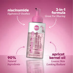Shake It Up body wash and shave foam bottle with callouts reading “niacinamide hydrates & soothes,” “2‑in‑1 formula great for shaving,” “apricot kernel oil leaves skin looking radiant,” and “90% natural ingredients.”