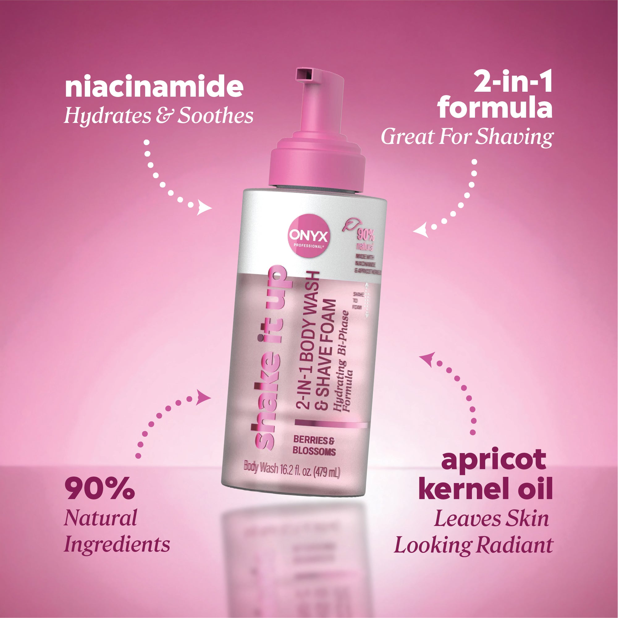 Shake It Up body wash and shave foam bottle with callouts reading “niacinamide hydrates & soothes,” “2‑in‑1 formula great for shaving,” “apricot kernel oil leaves skin looking radiant,” and “90% natural ingredients.”