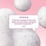 Review text reading “I love how it separates & mixes when shaken. The scent is divine, and my skin feels fresh & energized after.” credited to Helen.