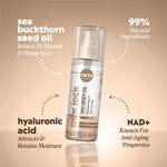 Ingredient callouts reading “sea buckthorn seed oil — known to smooth & plump skin,” “99% natural ingredients,” “hyaluronic acid — attracts & retains moisture,” and “NAD+ — known for anti‑aging properties.”