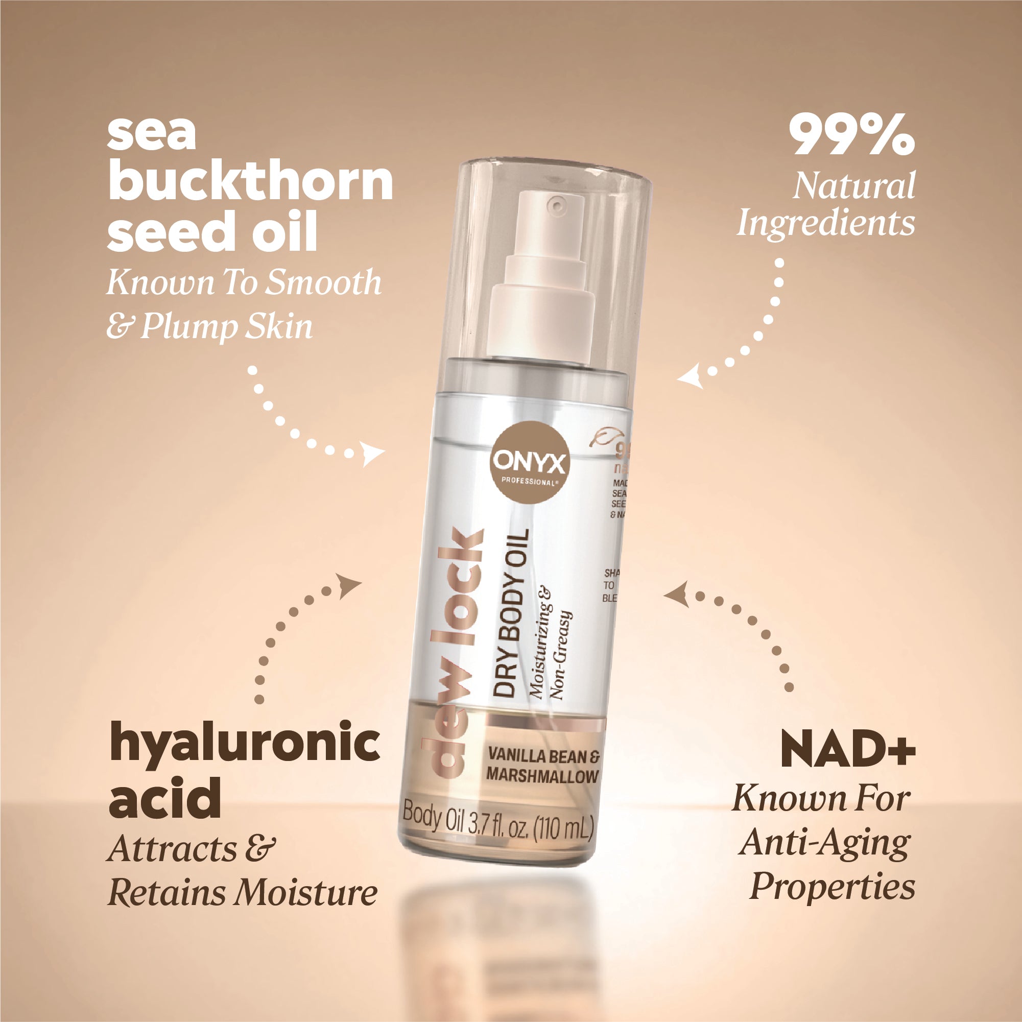 Ingredient callouts reading “sea buckthorn seed oil — known to smooth & plump skin,” “99% natural ingredients,” “hyaluronic acid — attracts & retains moisture,” and “NAD+ — known for anti‑aging properties.”