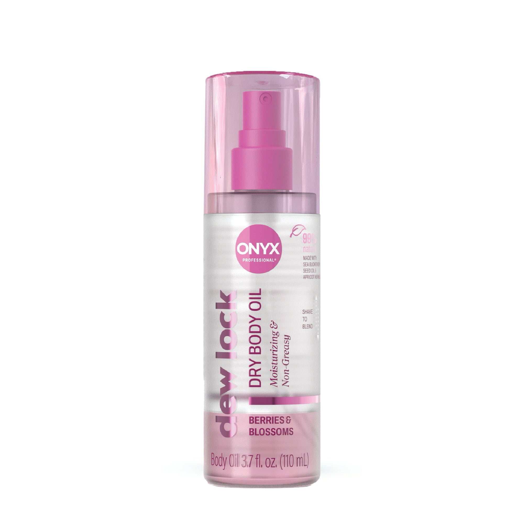 Onyx dry body oil bottle with purple spray nozzle on a white background