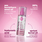 Ingredient callouts reading “sea buckthorn seed oil — known to smooth & plump skin,” “hyaluronic acid — attracts & retains moisture,” “apricot kernel oil — leaves skin looking radiant,” and “99% natural ingredients.”