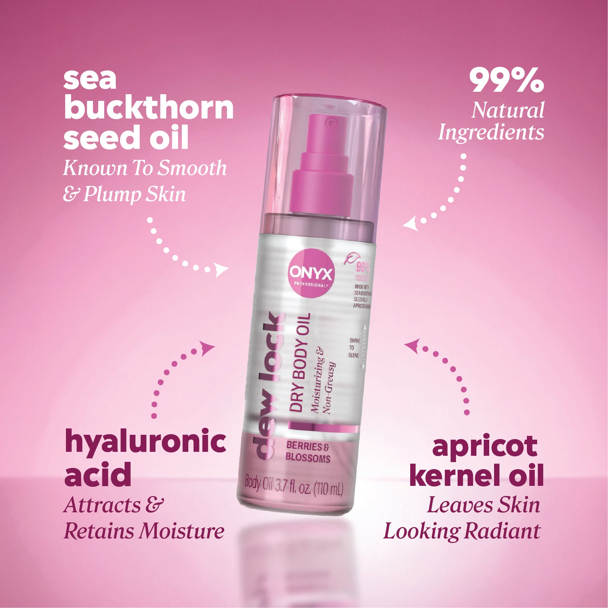 Ingredient callouts reading “sea buckthorn seed oil — known to smooth & plump skin,” “hyaluronic acid — attracts & retains moisture,” “apricot kernel oil — leaves skin looking radiant,” and “99% natural ingredients.”
