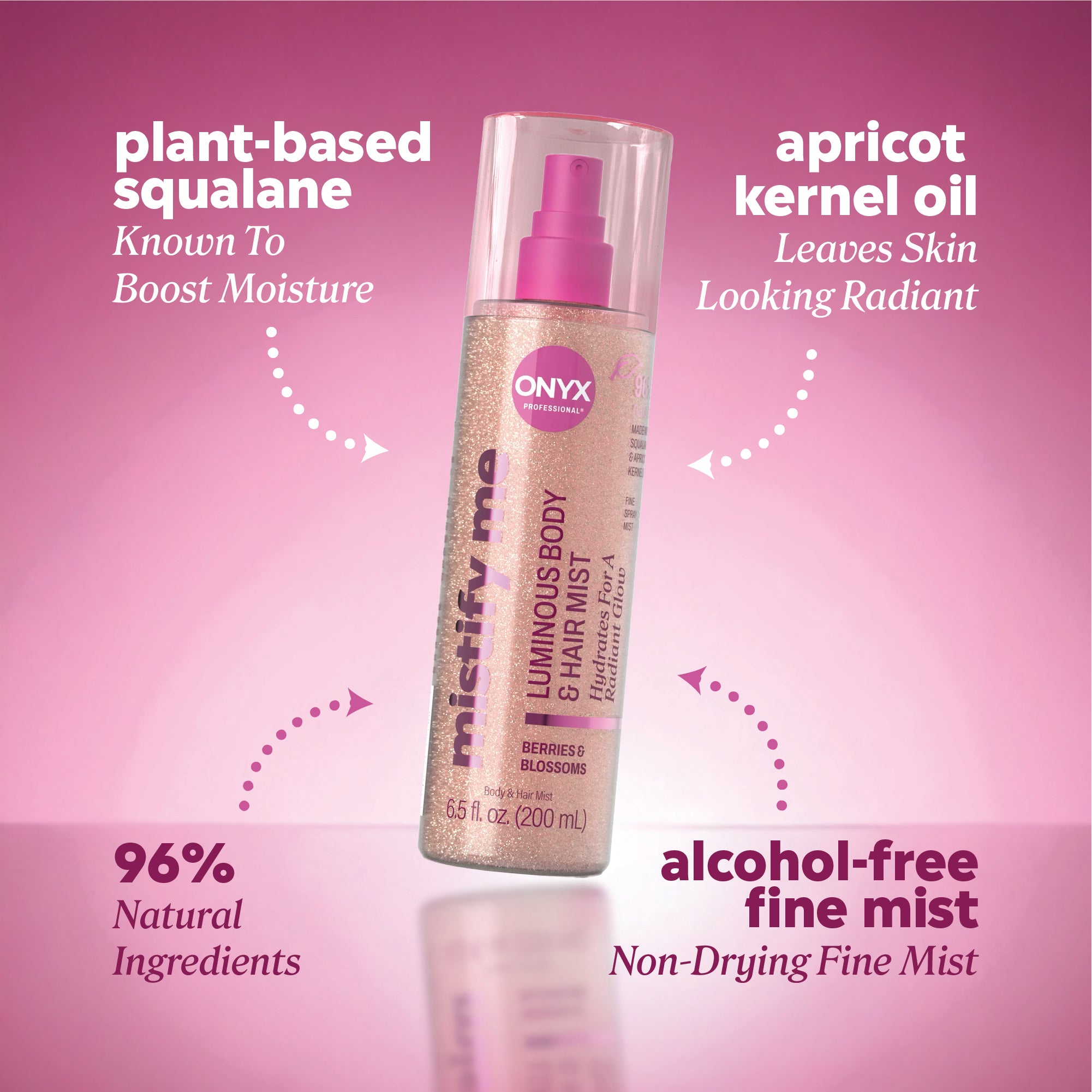 Ingredient callouts reading “plant‑based squalane — known to boost moisture,” “apricot kernel oil — leaves skin looking radiant,” “96% natural ingredients,” and “alcohol‑free fine mist — non‑drying fine mist.”