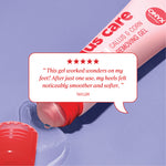 Customer review text reading “This gel worked wonders on my feet! After just one use, my heels felt noticeably smoother and softer.” credited to Taylor.