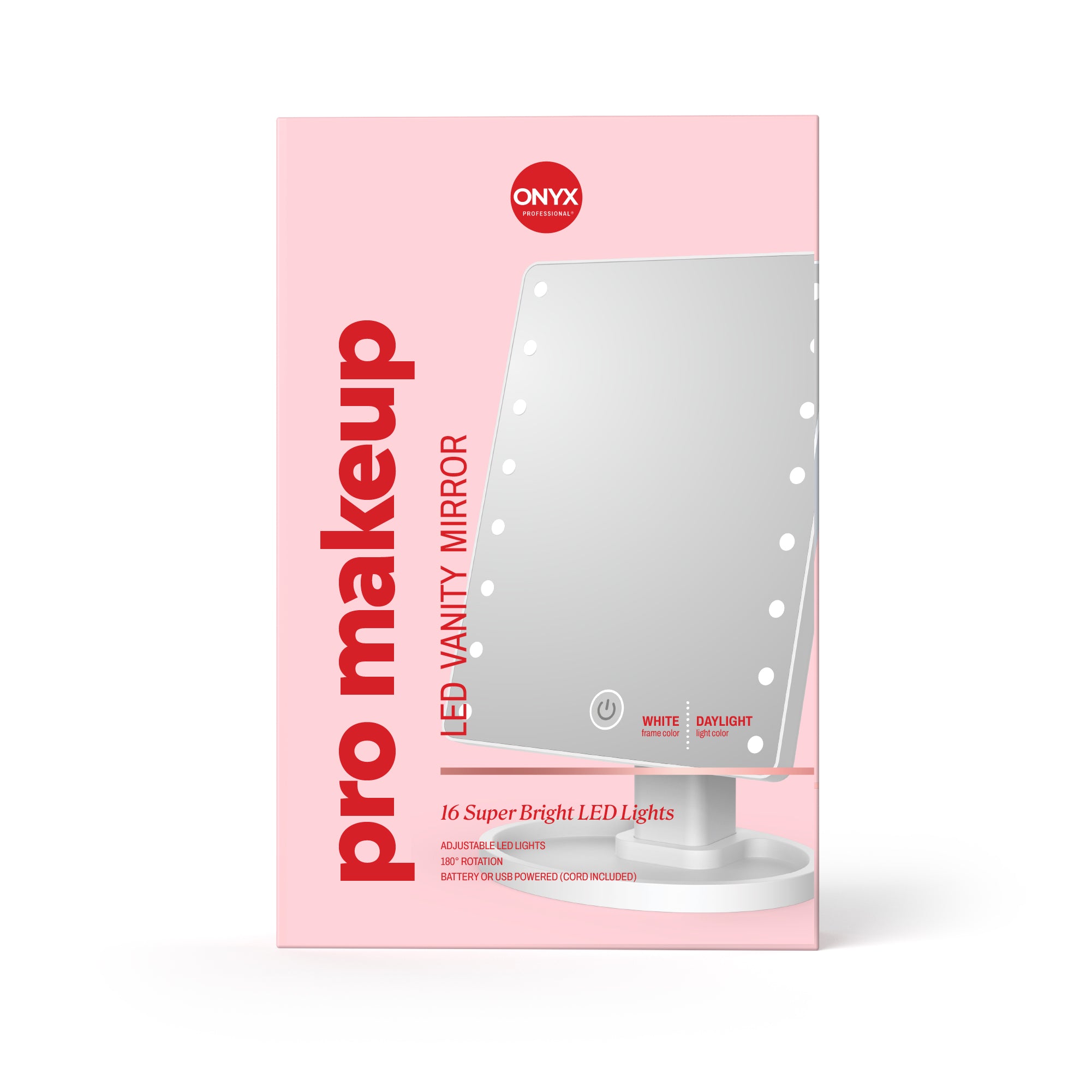 Onyx Pro Makeup LED Vanity Mirror packaging on a pink background