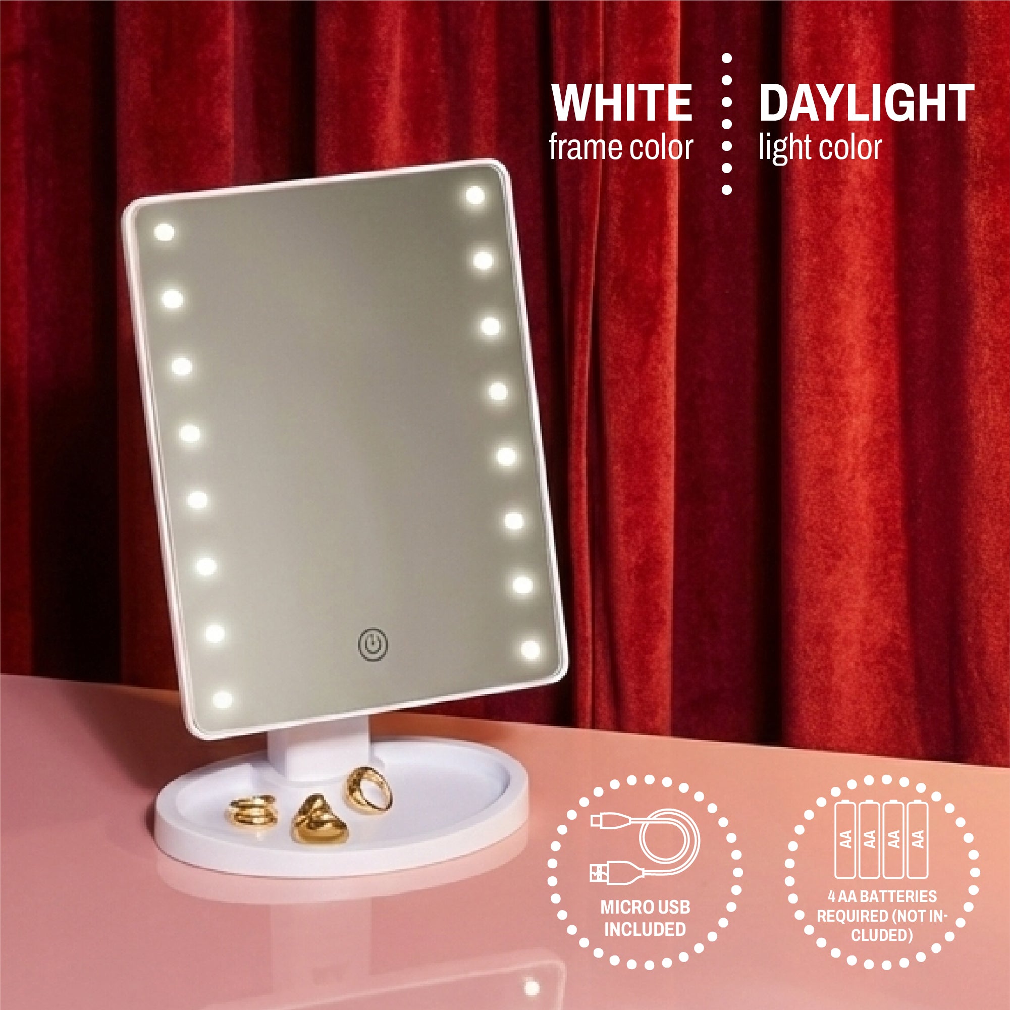 Text reading “white frame color” and “daylight light color,” plus icons showing “micro USB included” and “4 AA batteries required (not included).”