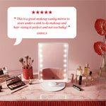 Text reading “This is a great makeup vanity mirror to store under a sink to do makeup and hair—sizing is perfect and not too bulky!” credited to Gabriela.