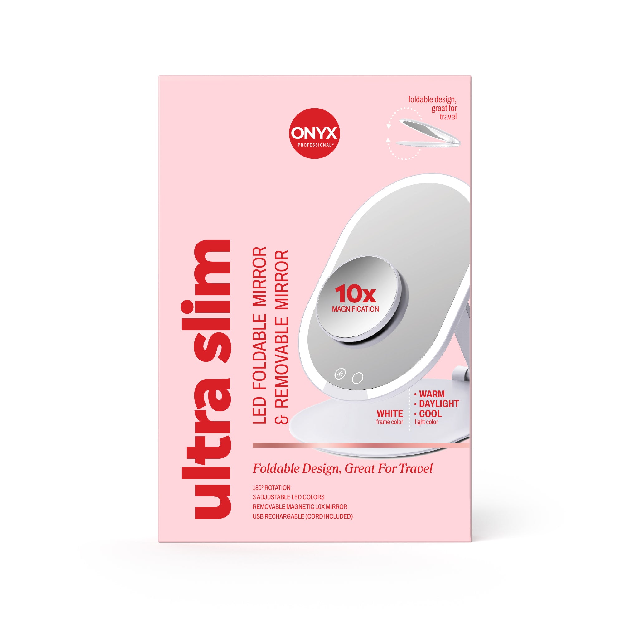 Onyx ultra slim LED foldable mirror packaging on a white background