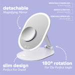 Foldable LED mirror with callouts reading “detachable magnifying mirror,” “slim design perfect for travel,” and “180° rotation for the perfect angle,” along with size measurements for mirror and removable mirror.