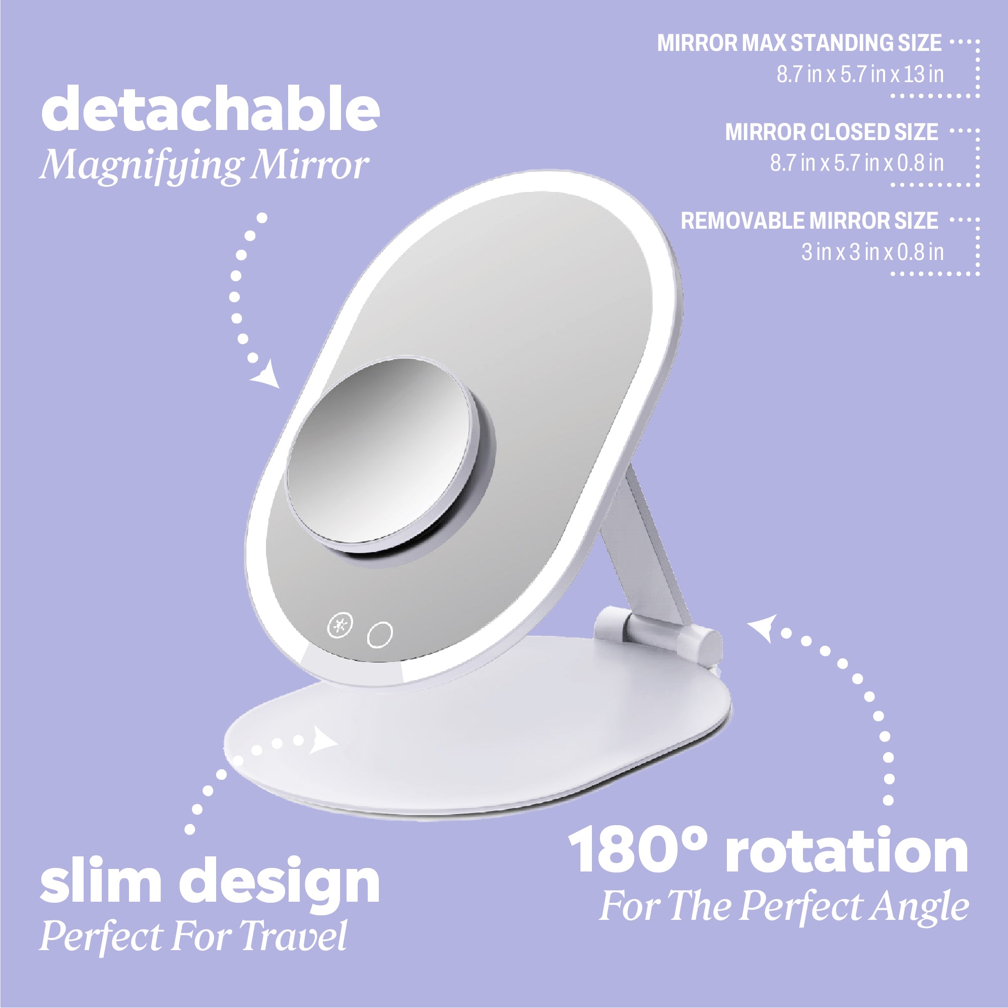 Foldable LED mirror with callouts reading “detachable magnifying mirror,” “slim design perfect for travel,” and “180° rotation for the perfect angle,” along with size measurements for mirror and removable mirror.