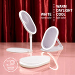 Ultra Slim LED foldable mirror packaging with visible text including “10x magnification,” “LED foldable mirror & removable mirror,” and “warm daylight cool light color.”