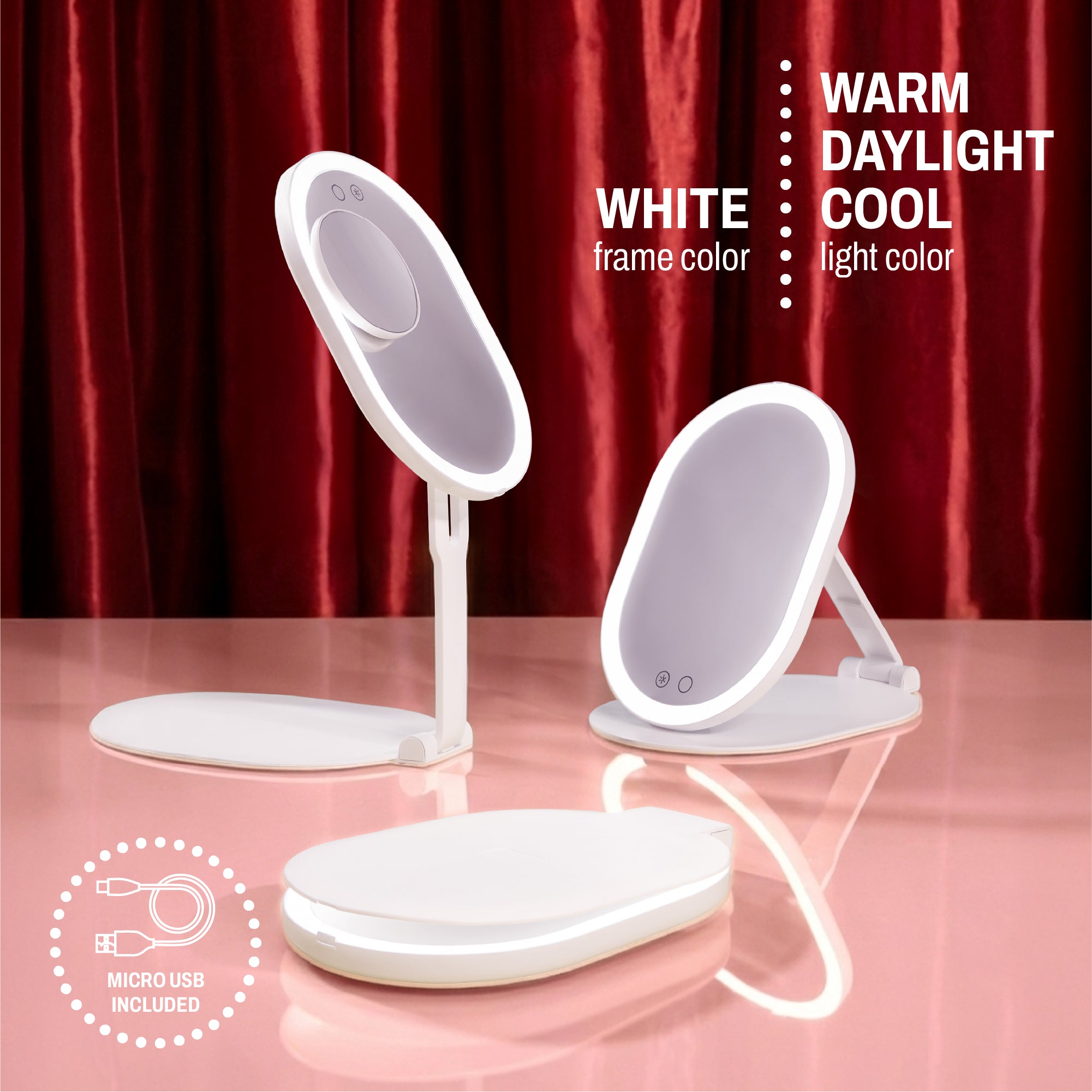 Ultra Slim LED foldable mirror packaging with visible text including “10x magnification,” “LED foldable mirror & removable mirror,” and “warm daylight cool light color.”
