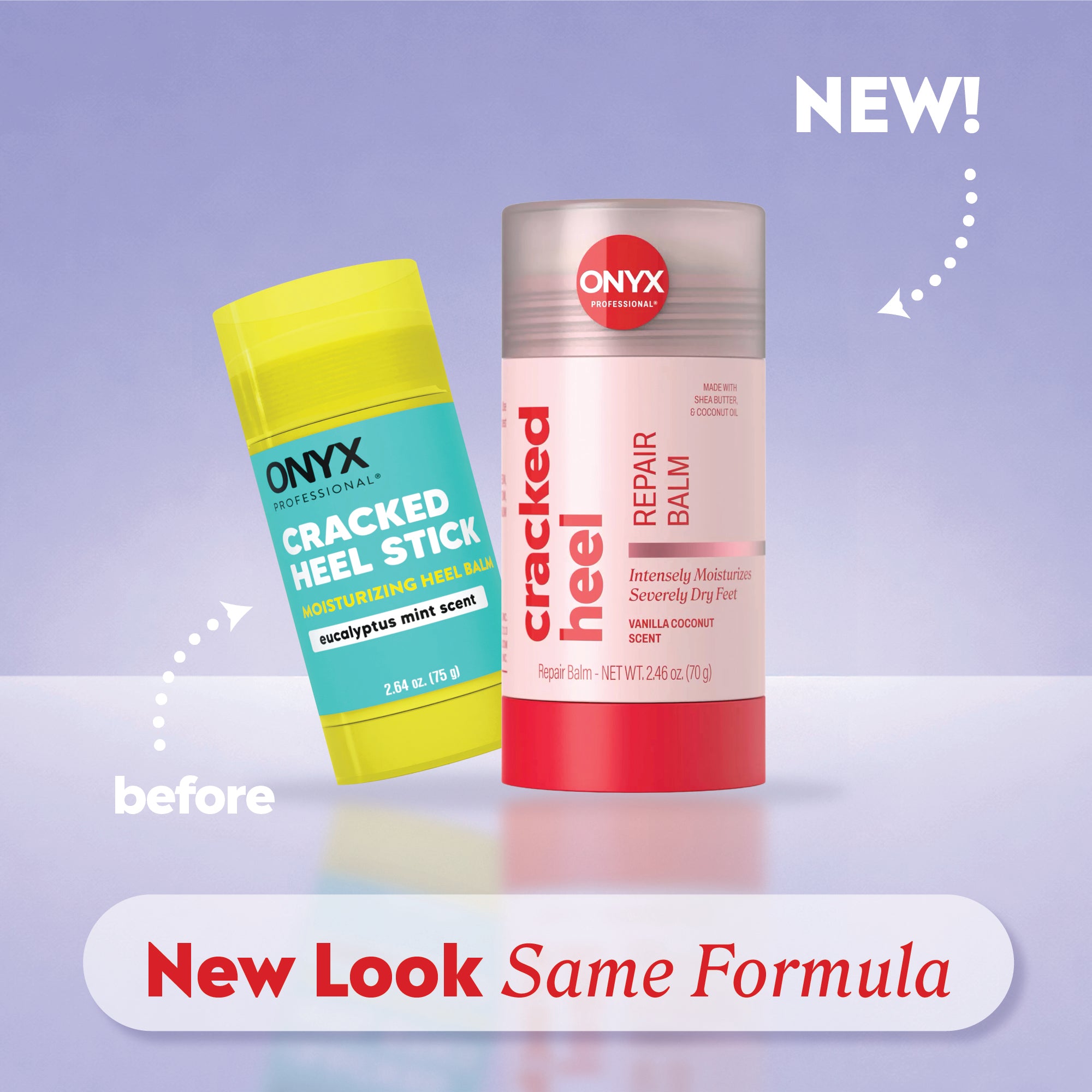 Onyx cracked heel stick and repair balm on a purple background with 'New!, same formula' text.